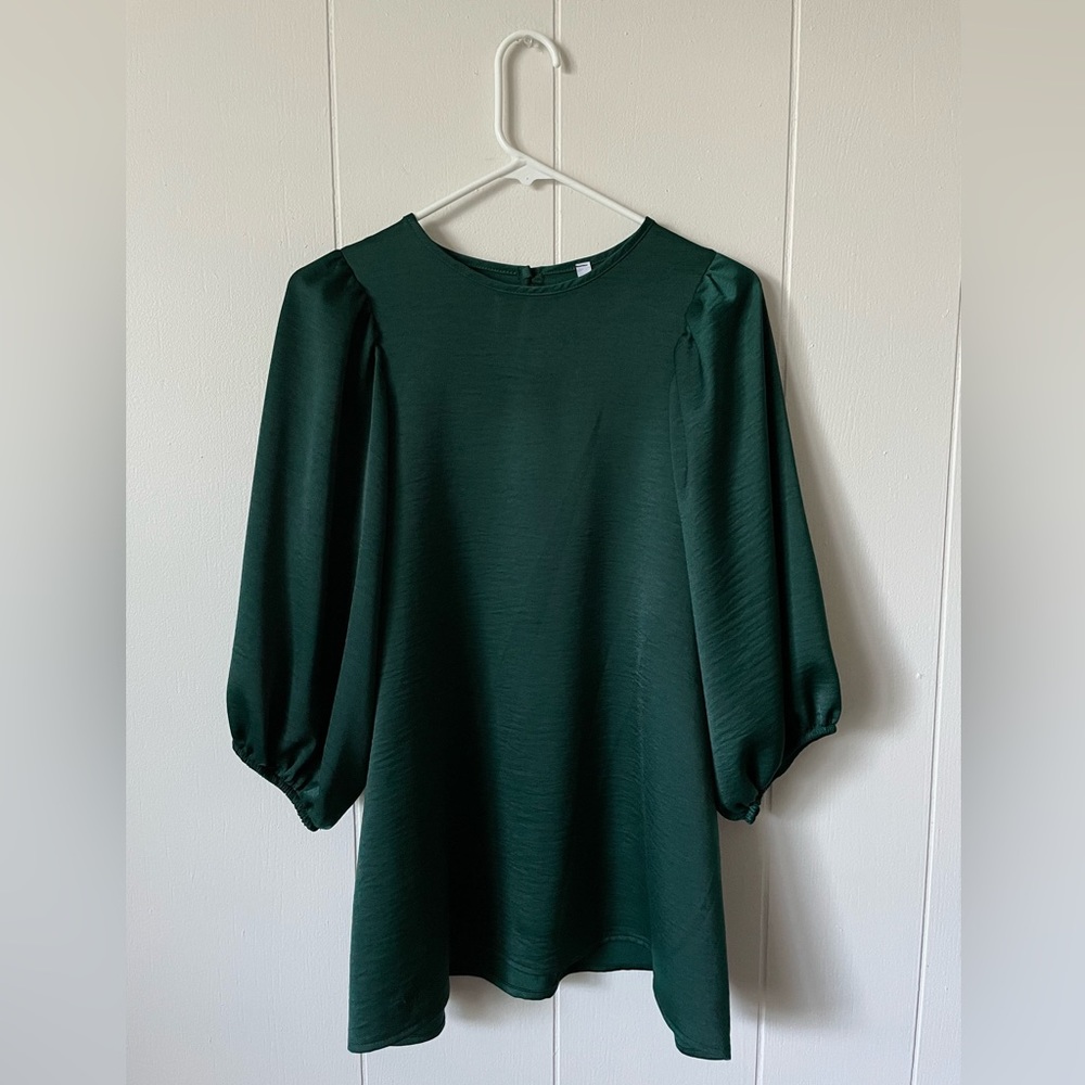 Dark Green Silky Style Look Puff Sleeve Blouse - Picture 3 of 7